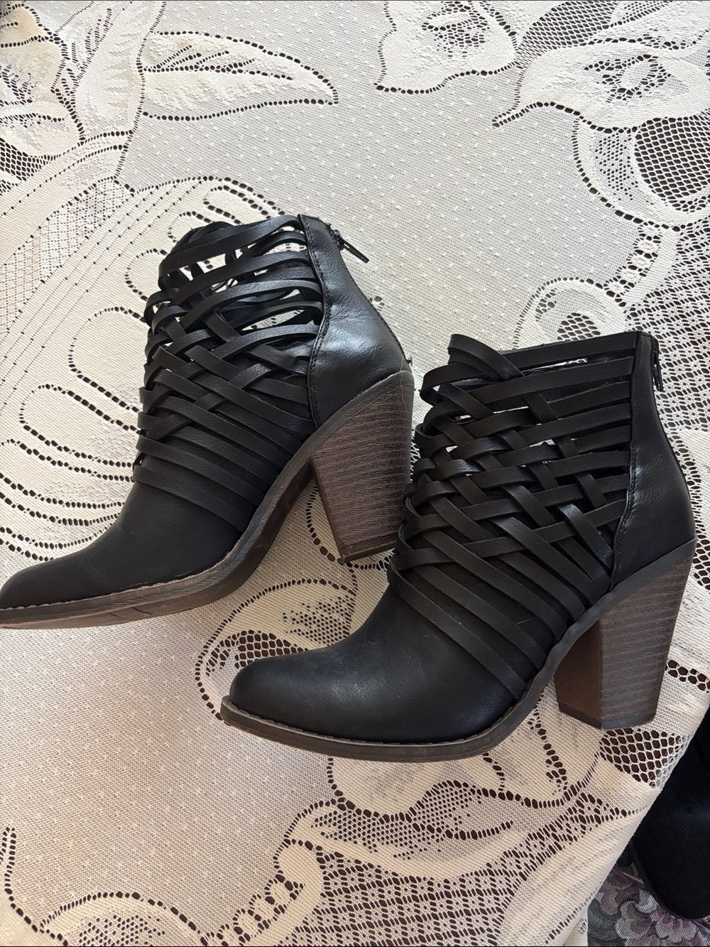 Fergalicious Black Woven Strap Block Heel Ankle Boots
